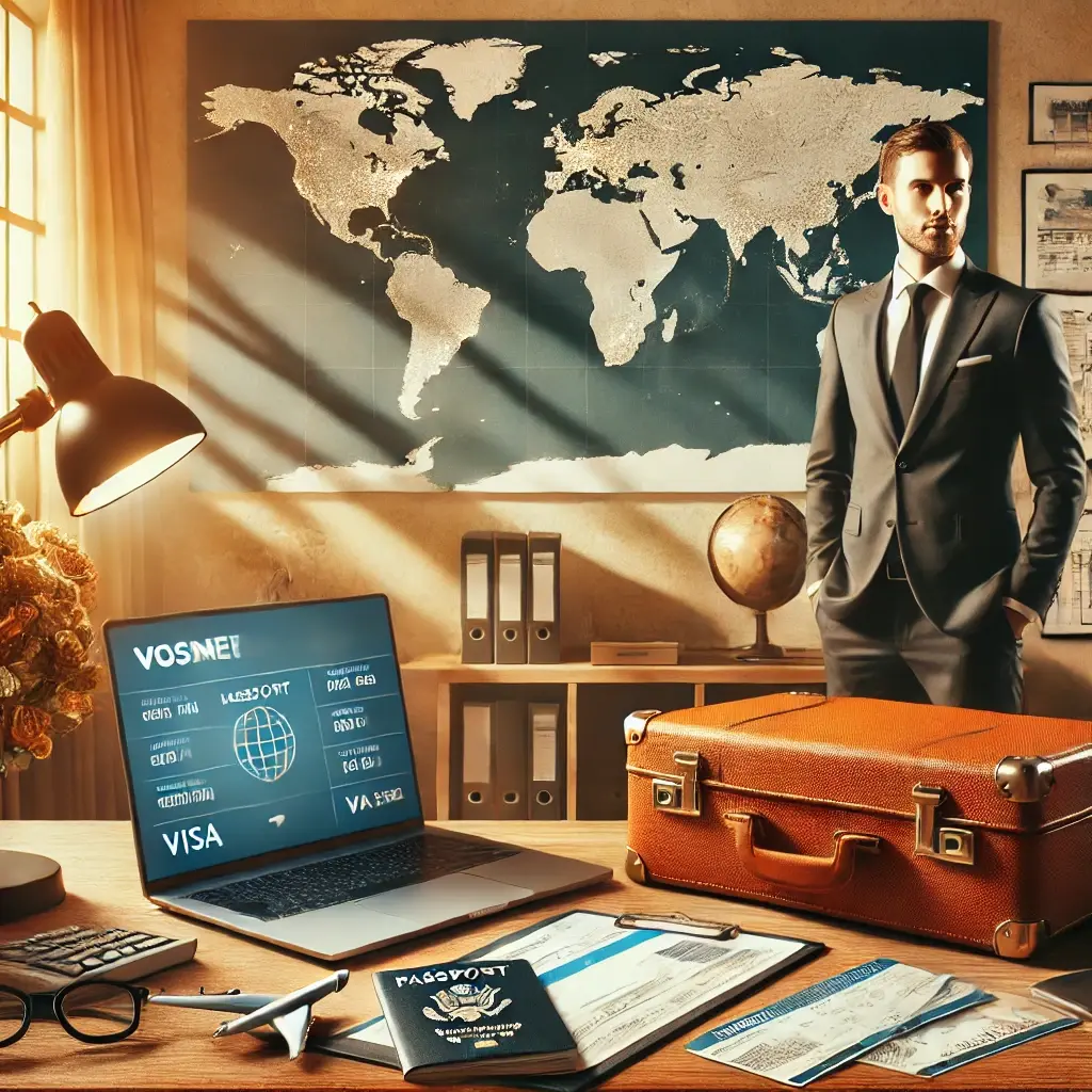 DALL·E 2025-03-20 01.15.19 - A professional and elegant travel and finance-themed image. The image should feature a modern travel agency office with a world map on the wall, airli